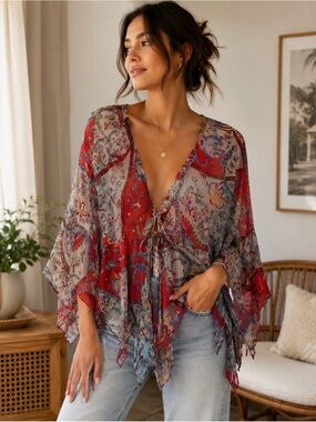 Raga Anthropologie Strawberry Fields Boho Print Beaded Sleeve Tie Top✨ NWT XS/S